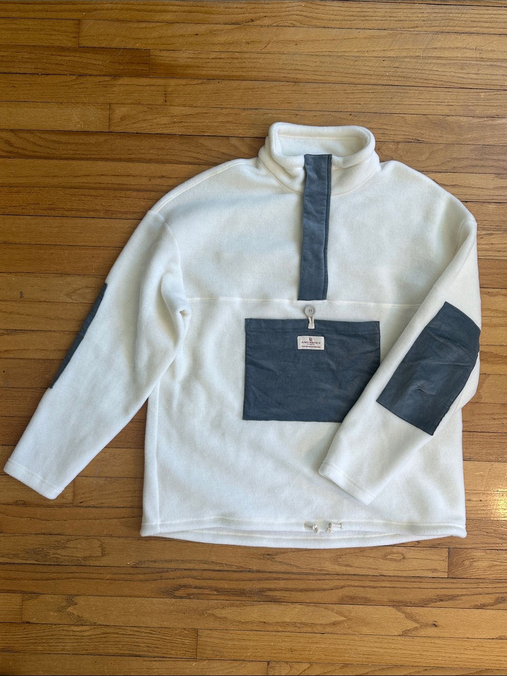 Men's Cream Zip-Up Fleece Pullover with Gray Contrast Panels